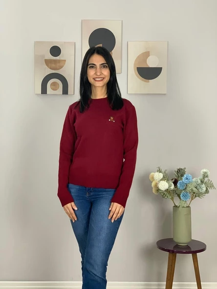 Kadın Teddy Bear Nakışlı Bordo Triko Kazak - Resim 4