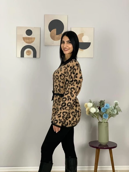 Kadın Siyah Kahverengi Leopar Desenli Uzun Sakallı Triko Hırka - 4