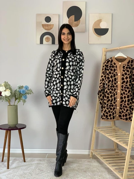 Kadın Leopar Desenli Uzun Hırka(Siyah) - 5