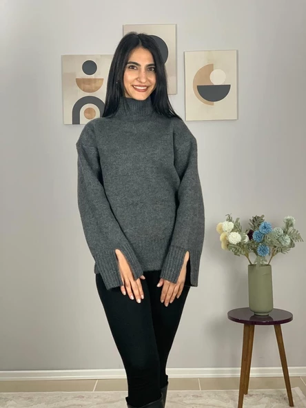 Kadın Füme Pinterest Model Kol Yırtmaçlı Balıkçı Yaka Triko Kazak - Resim 6