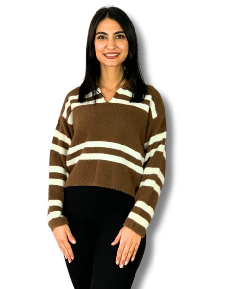 Kadın Polo Yaka Sakallı Triko Crop Kazak(Kahve)
