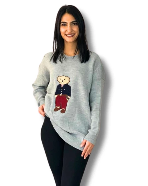 Kadın Teddy Bear Bisiklet Yaka Triko Kazak (Gri)