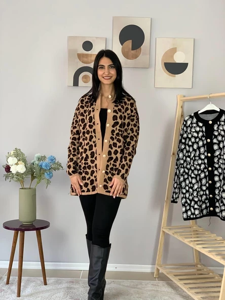 Kadın Leopar Desenli Uzun Hırka(Kahve) - 3