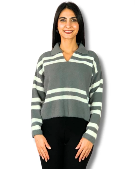 Kadın Polo Yaka Sakallı Triko Crop Kazak(Gri) ürün görseli