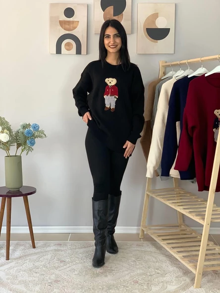 Kadın Teddy Bear Bisiklet Yaka Triko Kazak (Siyah) - Resim 4