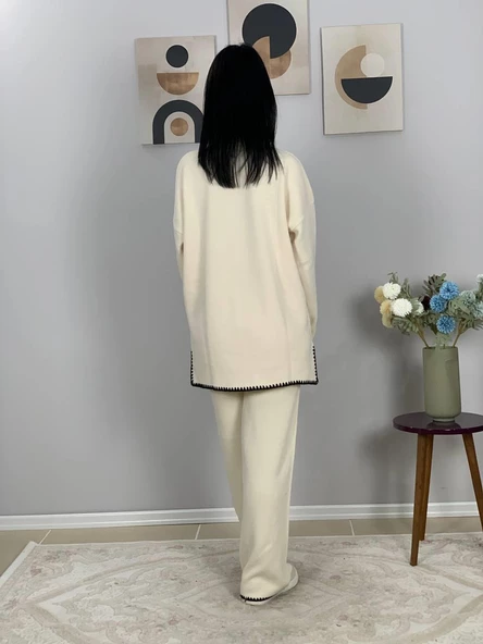 Kadın Çoban Dikişli Rahat Kesim Yarım Balıkçı YakaTriko Takım(Beyaz) - Resim 4