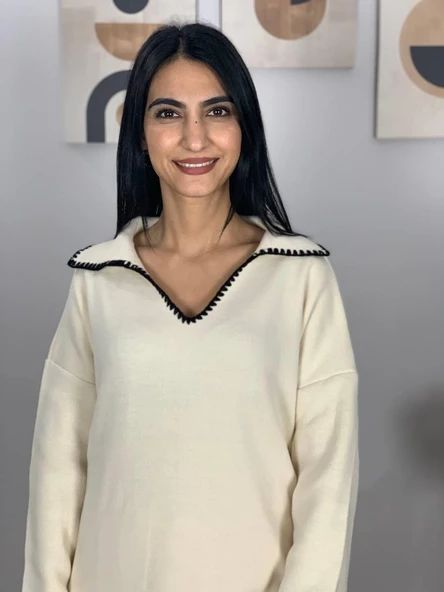 Kadın Çoban Dikişli Rahat Kesim Triko Takım(Beyaz) - Resim 2