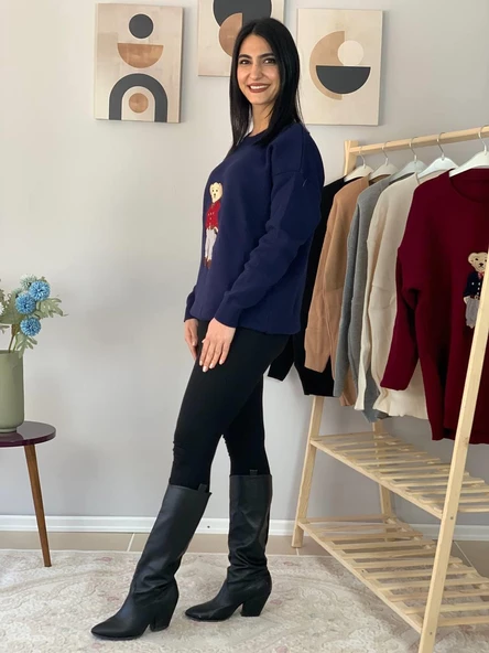 Kadın Teddy Bear Bisiklet Yaka Triko Kazak (Lacivert) - Resim 3