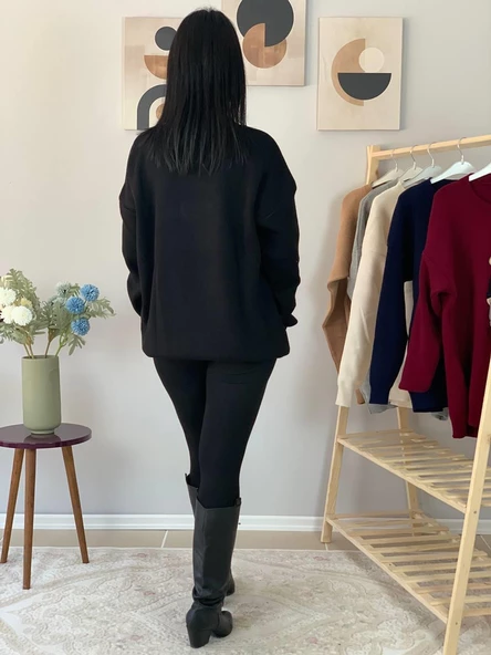 Kadın Teddy Bear Bisiklet Yaka Triko Kazak (Siyah) - Resim 6