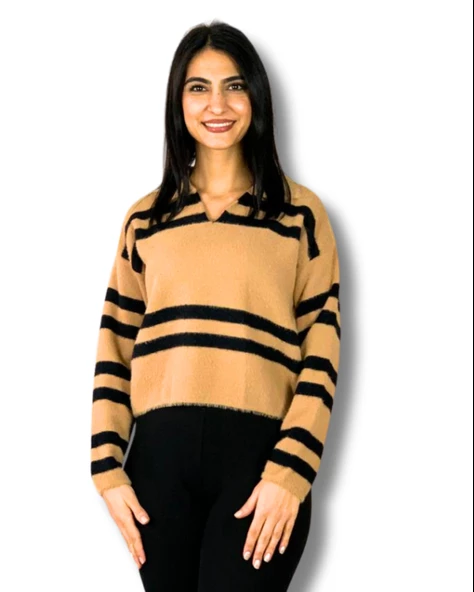 Kadın Polo Yaka Sakallı Triko Crop Kazak(Taş) ürün görseli