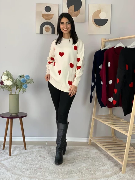 Kadın  Bisiklet Yaka Kalpli Triko Kazak (Krem) - Resim 3
