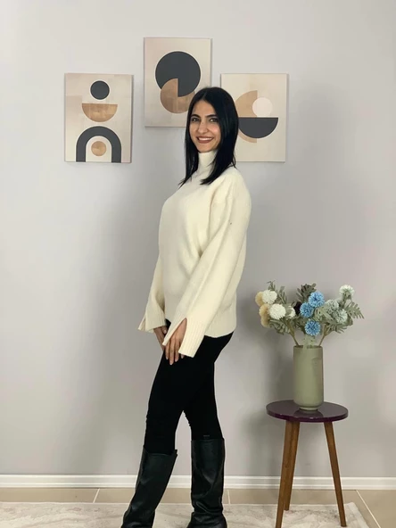 Kadın Krem Pinterest Model Kol Yırtmaçlı Balıkçı Yaka Triko Kazak - Resim 3