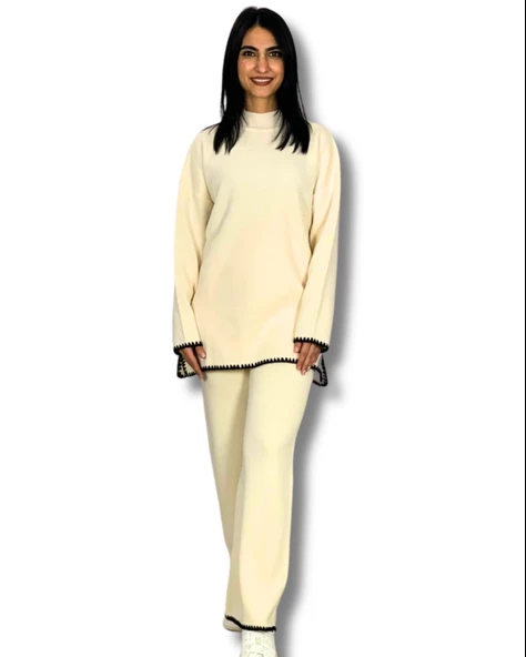 Kadın Çoban Dikişli Rahat Kesim Yarım Balıkçı YakaTriko Takım(Beyaz) ürün görseli