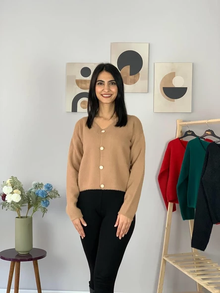 Kadın Sakallı Triko Crop Hırka(Taş) - 2