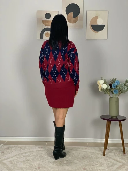 Kadın Baklava  Desenli Etekli Alt Üst Triko Takım(Bordo) - Resim 5