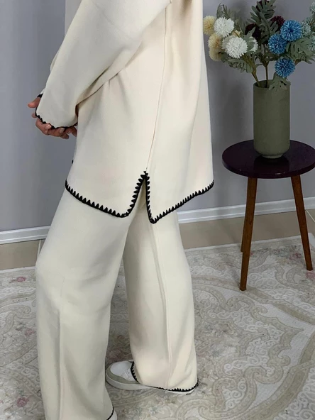 Kadın Çoban Dikişli Rahat Kesim Yarım Balıkçı YakaTriko Takım(Beyaz) - Resim 6