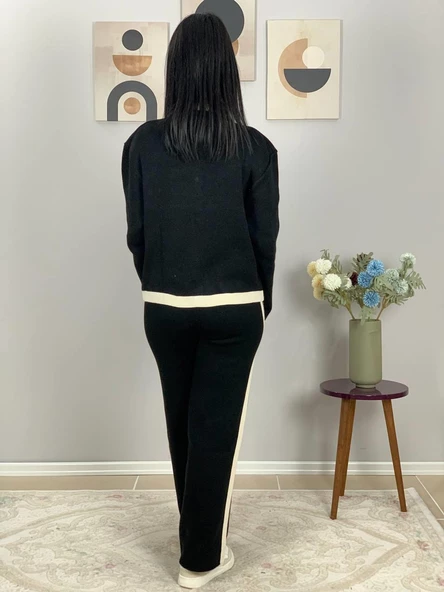 Kadın Gold Düğmeli Siyah Beyaz Şeritli Triko Takım(Siyah) - Resim 6