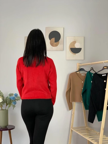 Kadın Sakallı Triko Crop Hırka(Kırmızı) - 5