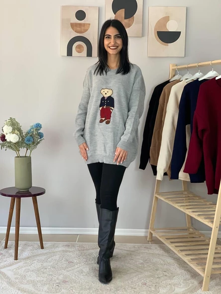 Kadın Teddy Bear Bisiklet Yaka Triko Kazak (Gri) - 2