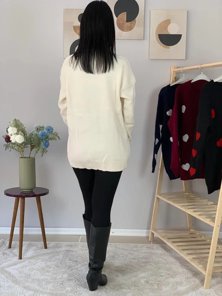 Kadın  Bisiklet Yaka Kalpli Triko Kazak (Krem) - Resim 6