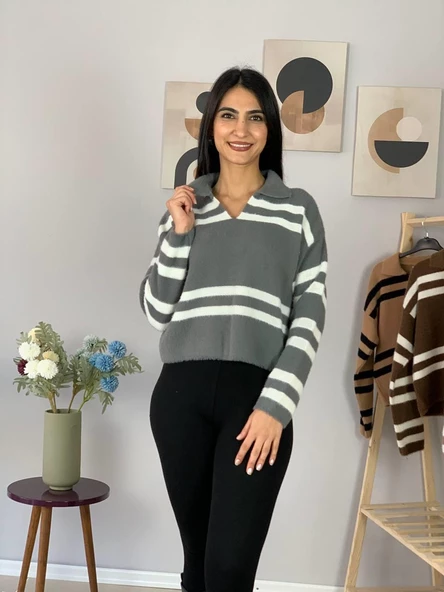 Kadın Polo Yaka Sakallı Triko Crop Kazak(Gri) - Resim 2