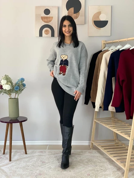 Kadın Teddy Bear Bisiklet Yaka Triko Kazak (Gri) - 5