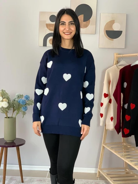 Kadın  Bisiklet Yaka Kalpli Triko Kazak (Lacivert) - Resim 2