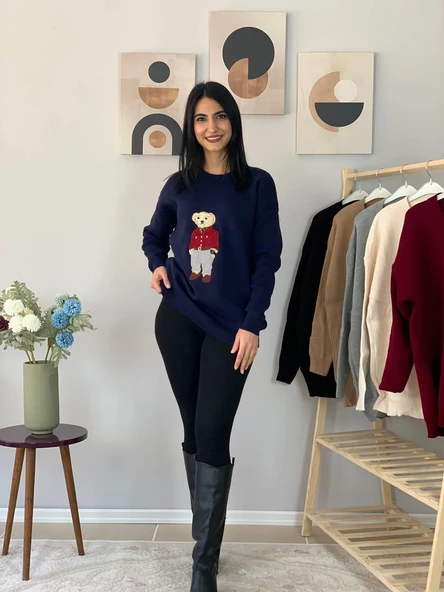 Kadın Teddy Bear Bisiklet Yaka Triko Kazak (Lacivert) - Resim 4