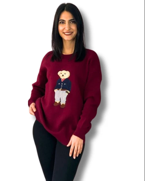 Kadın Teddy Bear Bisiklet Yaka Triko Kazak (Bordo)