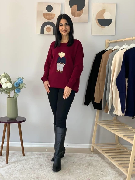 Kadın Teddy Bear Bisiklet Yaka Triko Kazak (Bordo) - Resim 7