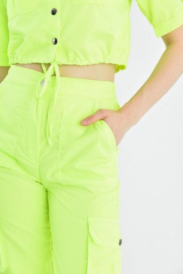 Gömlek Yaka Kargo Pantolonlu Neon Yeşil Alt Üst Kadın Eşofman Takım - 4