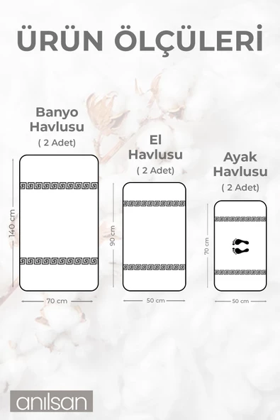 6lı Greek Havlu Seti - 2 Adet El Havlusu 50x90, 2 Adet Banyo Havlusu 70x140 ,2 Adet Ayak Havlu 50x70 - 3