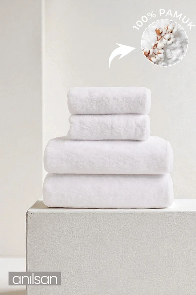 4'lü Beyaz Havlu Set %100 Pamuk - 2 Adet El Havlusu 50x90 ve 2 Adet Banyo Havlusu 70x140