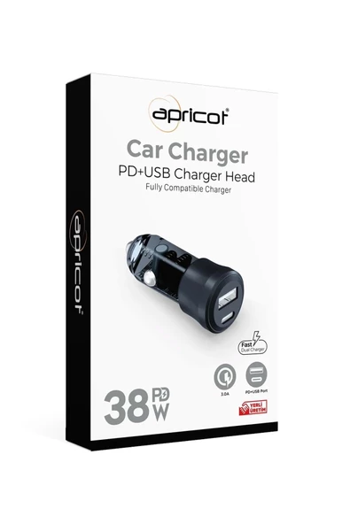 Apricot Araç Şarj Cihazı 2 Port 38W PD + USB Apricot APC-CC38 Siyah