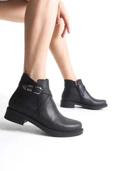 ALMILA Fermuarlı Lastikli Ortopedik Taban Suya ve Soğuğa Dayanıklı Topuklu Cilt Kadın Bot ST Siyah - Resim 2