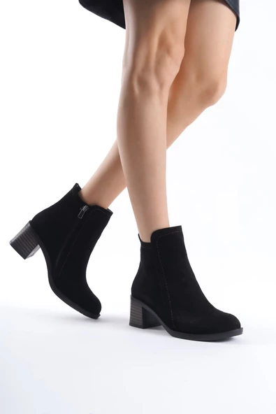 LARISSA Fermuarlı Ortopedik Taban Suya ve Soğuğa Dayanıklı Topuklu Süet Kadın Bot ST Siyah - 2