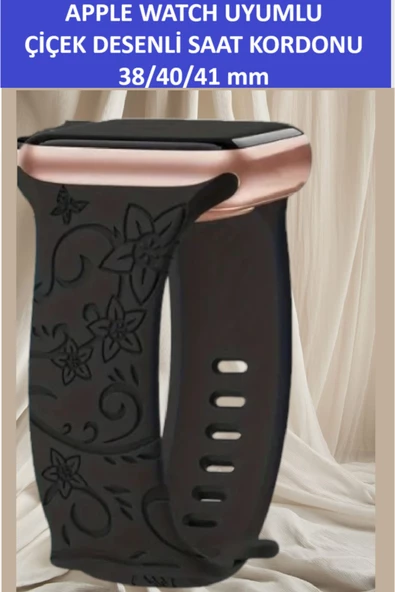 ZETCONCEPT Apple Watch 4 5 6 7 8 9 10 Se 38 40 41mm Siyah Çiçek Desenli Kordon Kayış Kaliteli Silikon Bileklik - 2