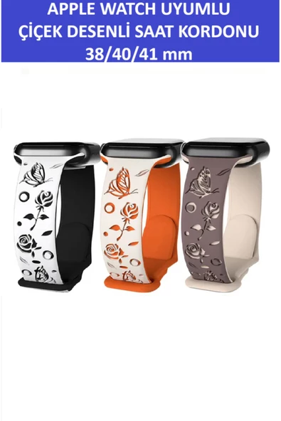 ZETCONCEPT Apple Watch 4 5 6 7 8 9 10 Se 38 40 41mm Kelebek Gül Desenli Kordon Kayış Kaliteli Silikon Bileklik - 2
