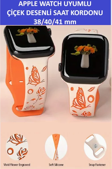 ZETCONCEPT Apple Watch 4 5 6 7 8 9 10 Se 38 40 41mm Kelebek Gül Desenli Kordon Kayış Kaliteli Silikon Bileklik - 2