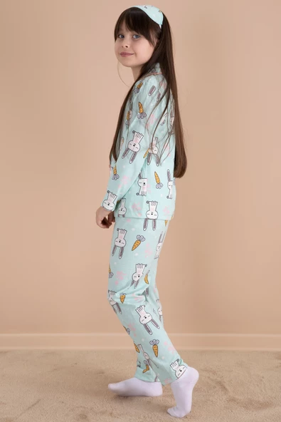 Yeşil Tavşan Baskılı Kız Çocuk Pijama Takımı 20124 - 5