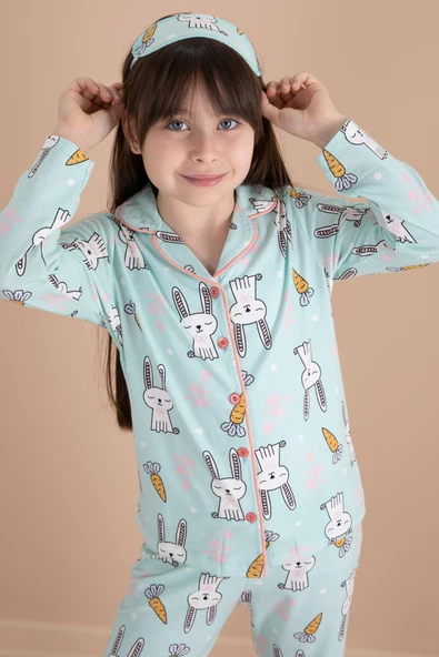 Yeşil Tavşan Baskılı Kız Çocuk Pijama Takımı 20124 - 4