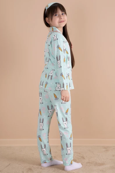 Yeşil Tavşan Baskılı Kız Çocuk Pijama Takımı 20124 - 7