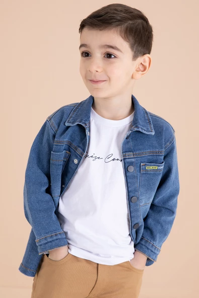 Mavi Jean Gömlekli Yazı Baskılı Tişörtlü Erkek Çocuk Pantolonlu 3lü Takım 20112 - 6