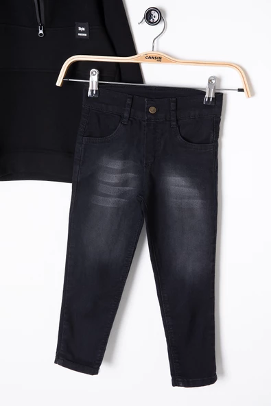 Siyah Fermuar Yakalı Sweatshirt ve Jean Pantolonlu Erkek Çocuk Takım 20107 - 4
