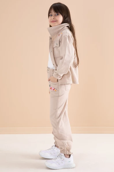 Bej Nakış Detaylı Gömlekli Pantolonlu Kız Çocuk 3lü Takım 20159 - 5