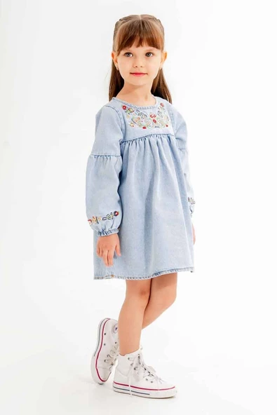 Mavi Çiçek Nakışlı Kolları İşlemeli Kız Çocuk Jean Elbise 20117 - 3