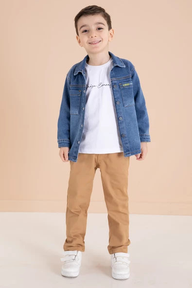 Mavi Jean Gömlekli Yazı Baskılı Tişörtlü Erkek Çocuk Pantolonlu 3lü Takım 20112