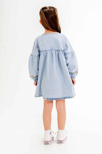 Mavi Çiçek Nakışlı Kolları İşlemeli Kız Çocuk Jean Elbise 20117 - 4