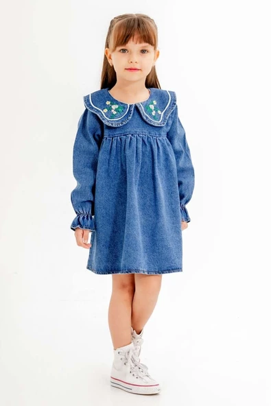 Lacivert Yakası Çiçek Nakışlı Uzun Kol Kız Çocuk Jean Elbise 20116 - 4