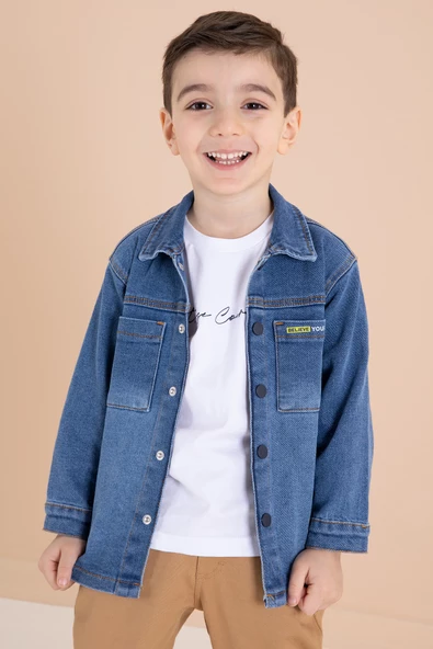 Mavi Jean Gömlekli Yazı Baskılı Tişörtlü Erkek Çocuk Pantolonlu 3lü Takım 20112 - 5